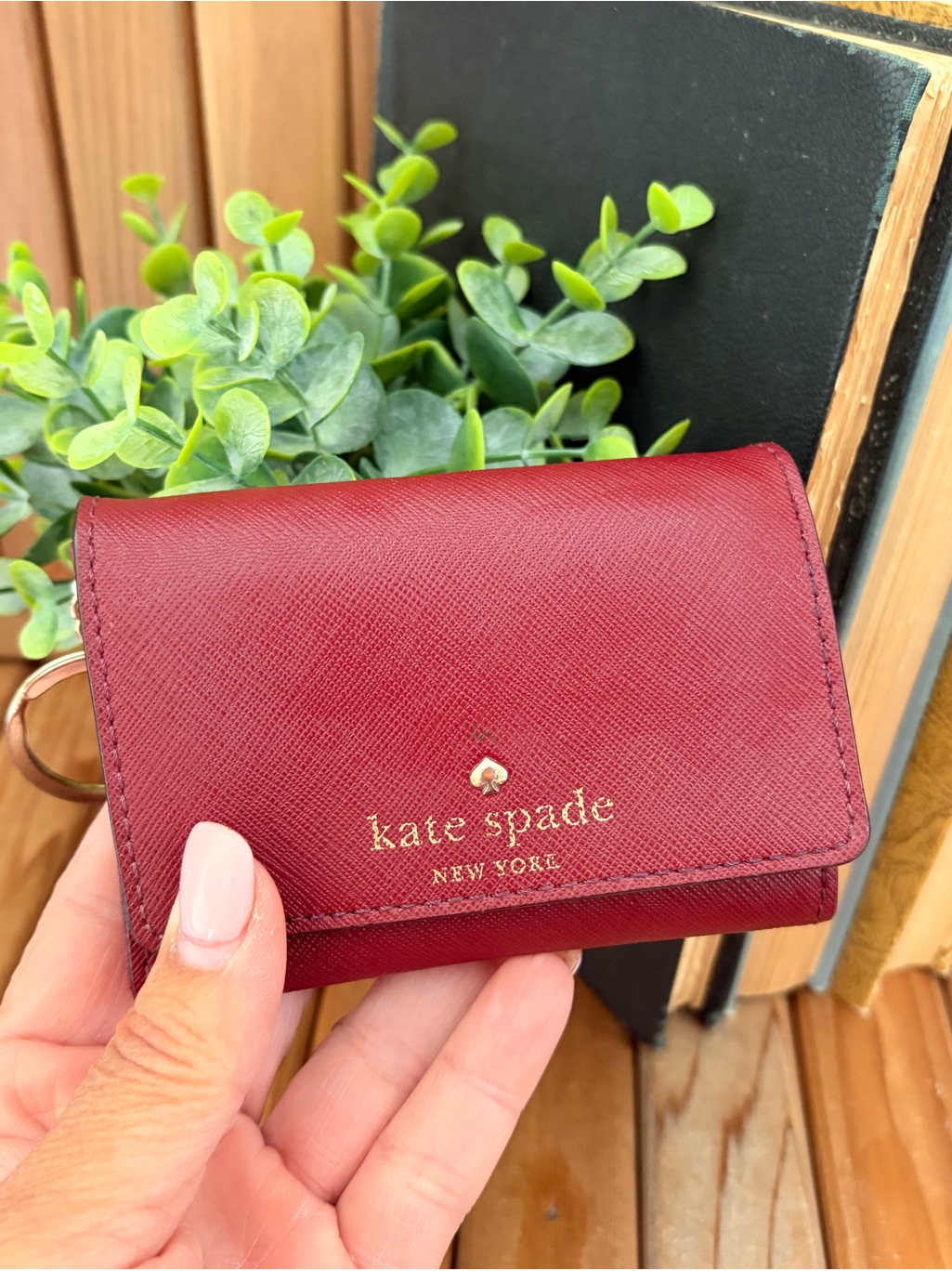 Kate Spade, Dark Cherry Red Saffiano Leather Key Card Wallet, Polka Dot Interior